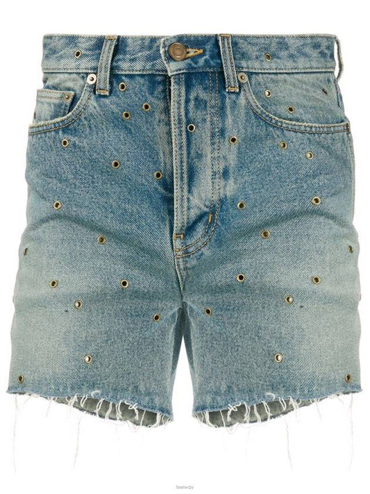 Luxury Saint Laurent Trending 2025 Eyelet Stud Cotton Denim Shorts Blue