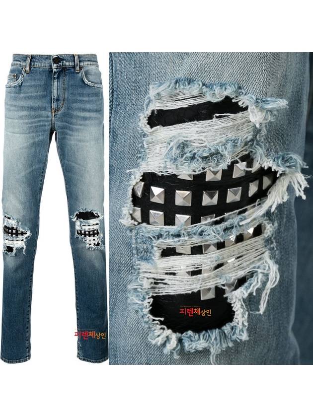Luxury Saint Laurent Trending 2025 Men's Leather Stud Washed Jeans Blue