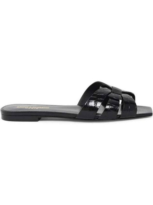 Luxury Saint Laurent Trending 2025 Tribute Crocodile Embossed Shiny Leather Mules Black