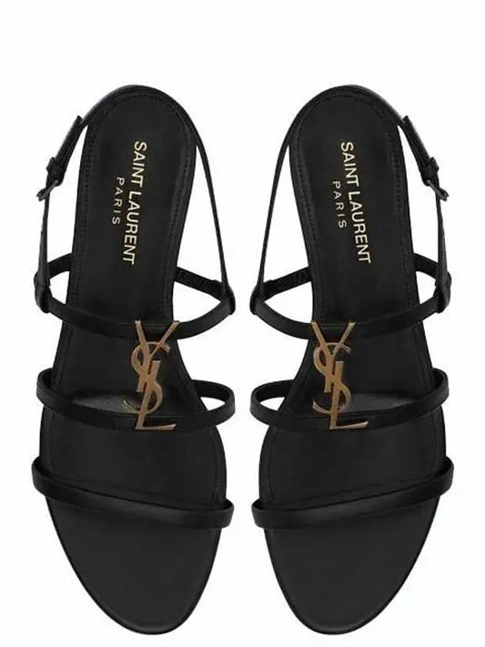 Luxury Saint Laurent Trending 2025 Women's Smooth Leather Gold Tone Monogram Detail Cassandra Flat Sandals Black
