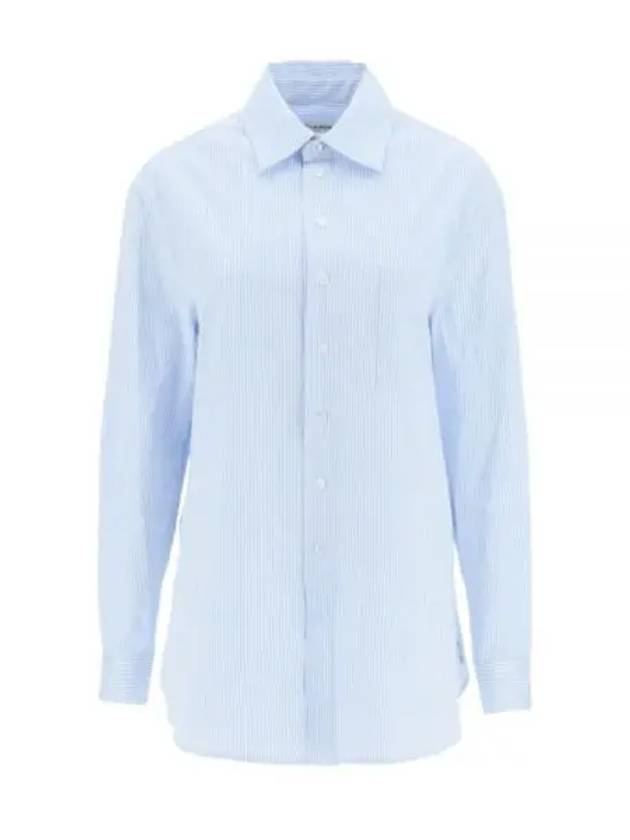 Luxury Saint Laurent Trending 2025 Striped Cotton Poplin Monogram Long Sleeve Shirt Blue