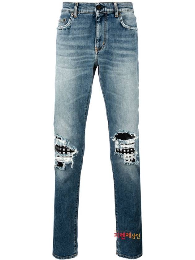 Luxury Saint Laurent Trending 2025 Men's Leather Stud Washed Jeans Blue