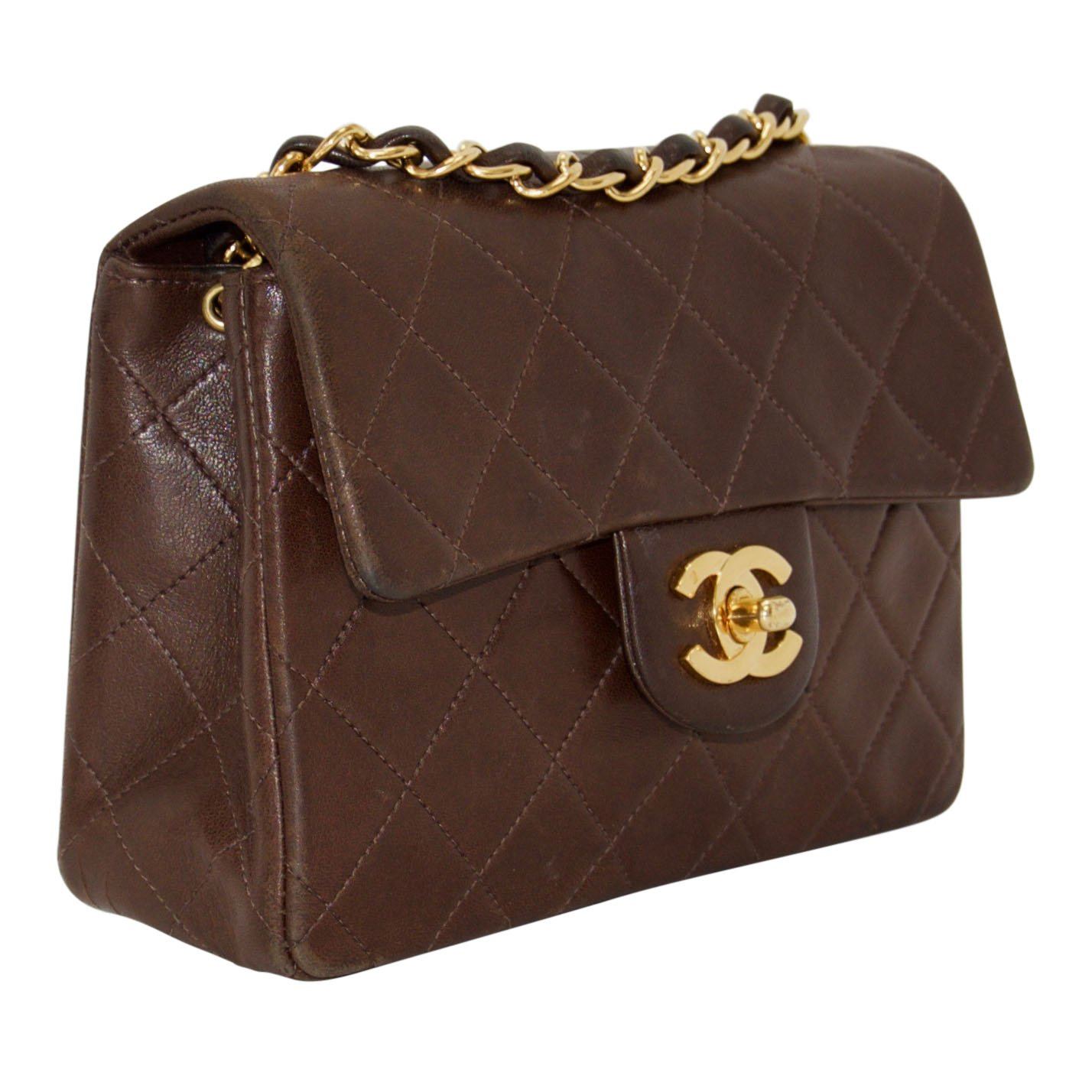 Chanel Vintage Chocolate Brown Lambskin Classic Mini Square Flap Bag
