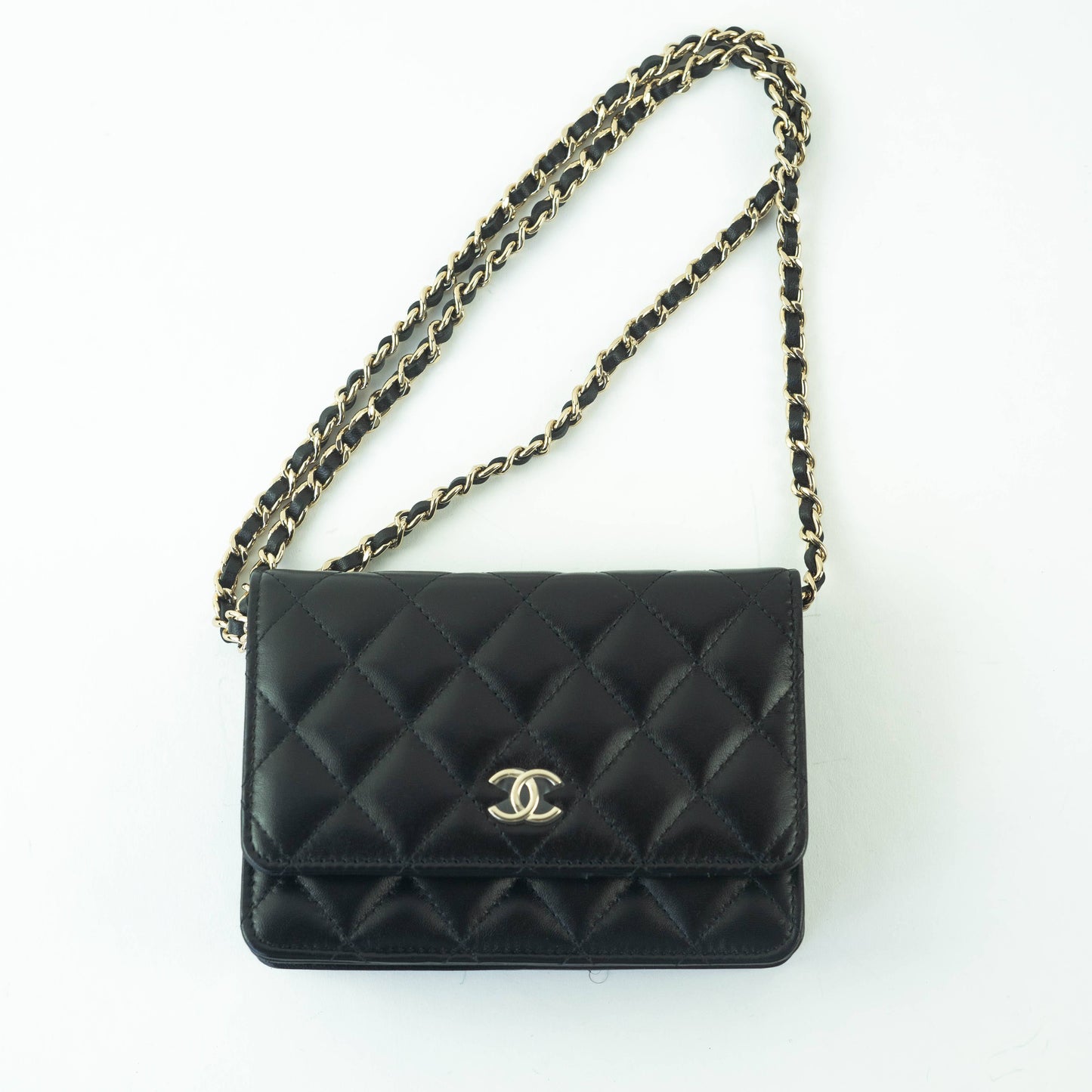 Chanel Lambskin Quilted Mini Camellia Bow Wallet On Chain Black