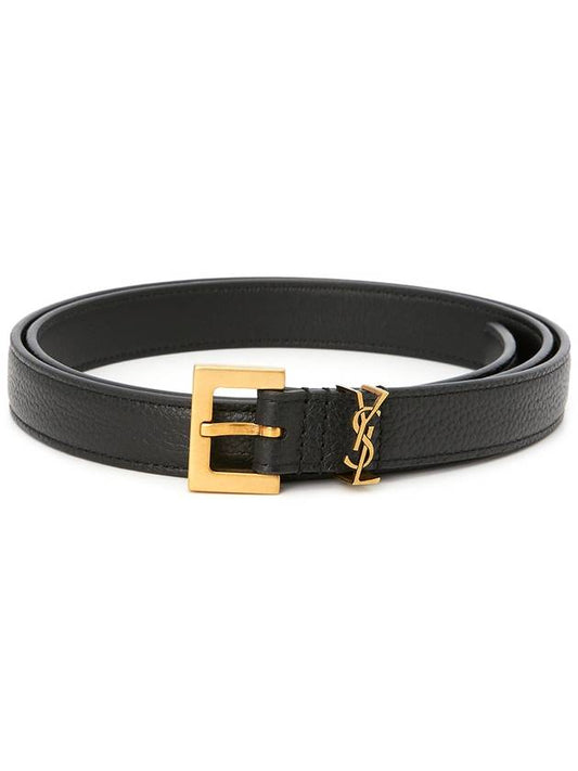 Luxury Saint Laurent Trending 2025 Cassandre Grained Leather Square Buckle Thin Belt Black