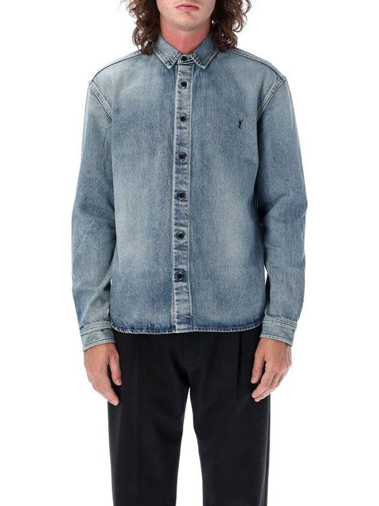 Luxury Saint Laurent Trending 2025 Men's Cassandre Logo Denim Long Sleeve Shirt Blue