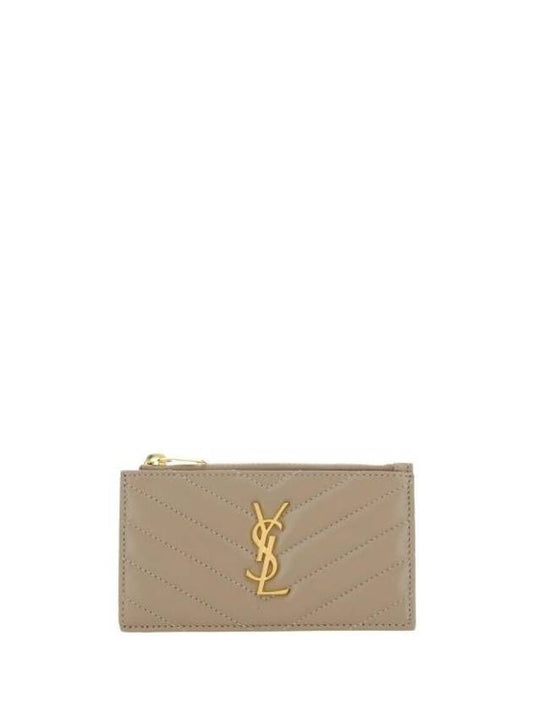 Luxury Saint Laurent Trending 2025 Monogram Logo Plaque Zip-Up Card Wallet Dusty Grey