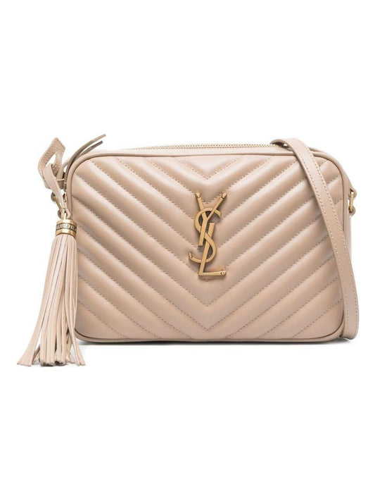 Luxury Saint Laurent Trending 2025 Women's Lou Camera Bag In Quilted Suede With Studs in Dark Beige | 715232DV7072721