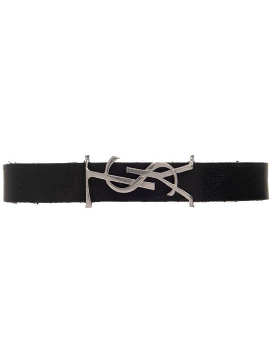 Luxury Saint Laurent Trending 2025 Opyum Silver Logo Leather Bracelet Black