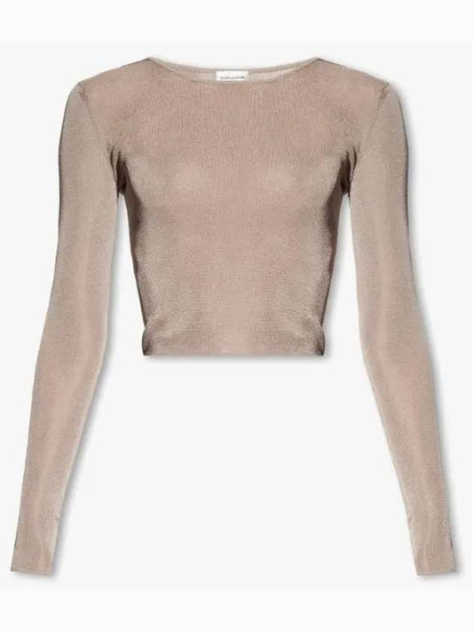 Luxury Saint Laurent Trending 2025 Rib Detail Viscose Crop Long Sleeve T-Shirt Pink