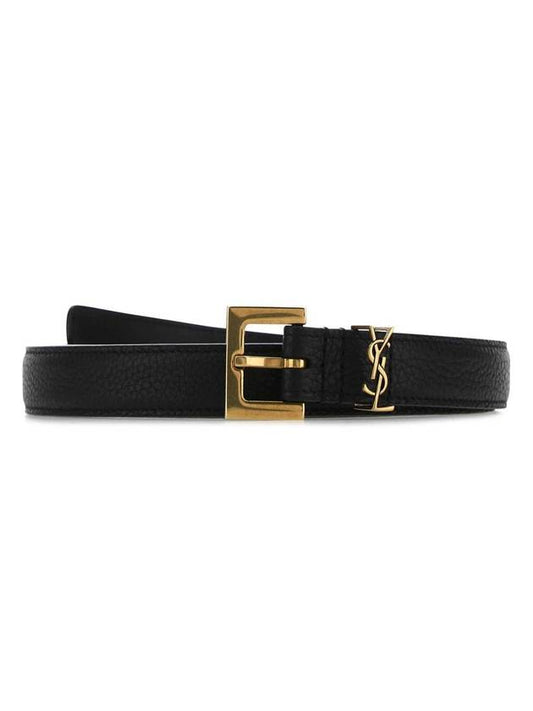 Luxury Saint Laurent Trending 2025 Cassandre Grained Leather Square Buckle Thin Belt Black
