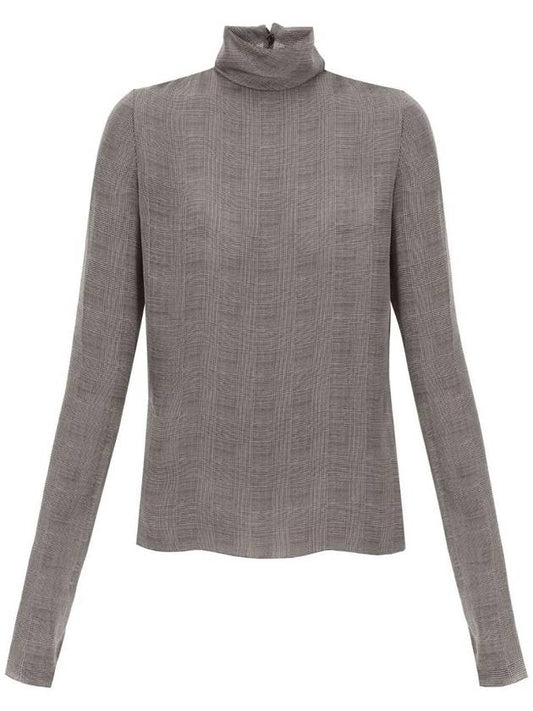 Luxury Saint Laurent Trending 2025 Tartan Silk Turtleneck Blouse Grey
