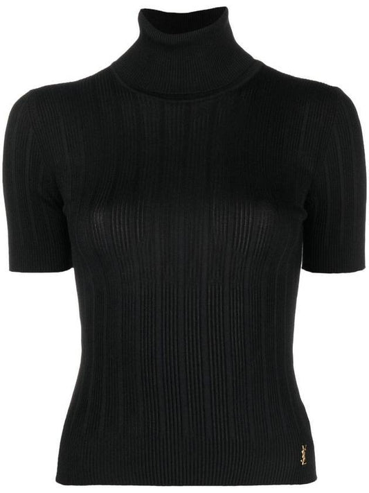 Luxury Saint Laurent Trending 2025 Rib Silk Monogram Short Sleeve Turtleneck Black