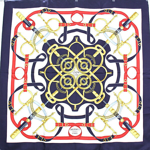 HERMES scarf 100% silk Navy/Gold/Red/White scarf Carre90 Eperon d Or Women