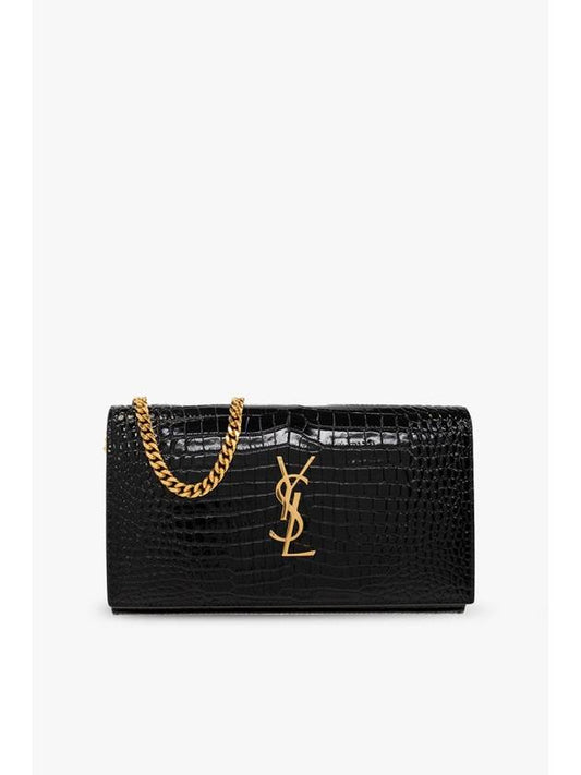 Luxury Saint Laurent Trending 2025 Cassandre Chain Crocodile Embossing Leather Long Wallet Black