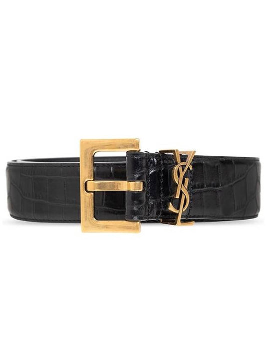 Luxury Saint Laurent Trending 2025 Cassandra Square Crocodile Leather Buckle Belt Black