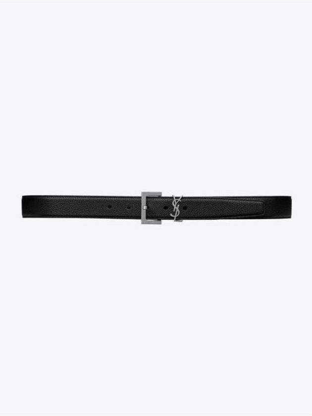 Luxury Saint Laurent Trending 2025 Grained Leather Silver Monogram Belt Black