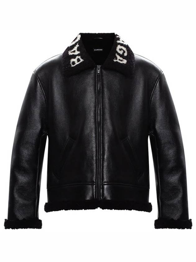 Luxury Balenciaga Trending 2025 Logo Shearling Collar Leather Jacket Black