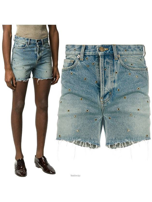 Luxury Saint Laurent Trending 2025 Eyelet Stud Cotton Denim Shorts Blue