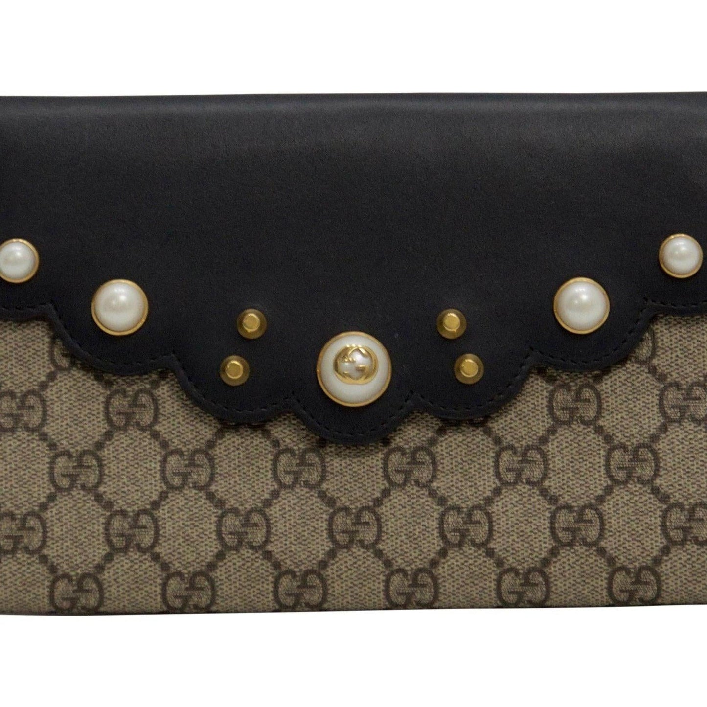 Gucci GG Canvas Supreme Pearl Studded and Black Leather Clutch