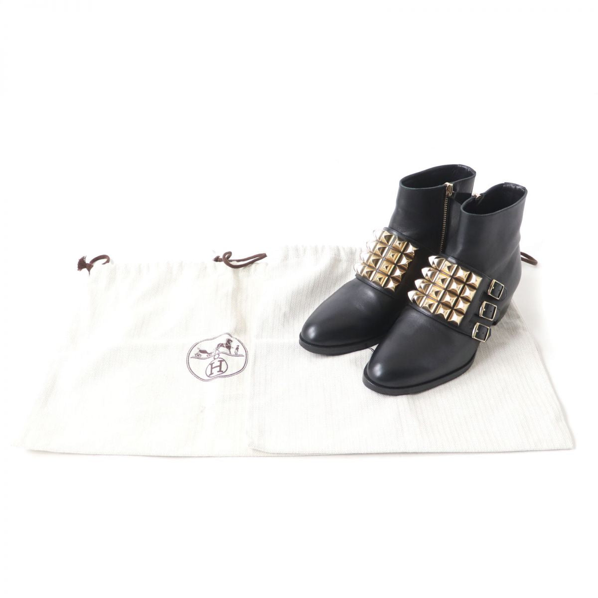 HERMES boots Main: Leather Black x Gold Metal Women 35.5