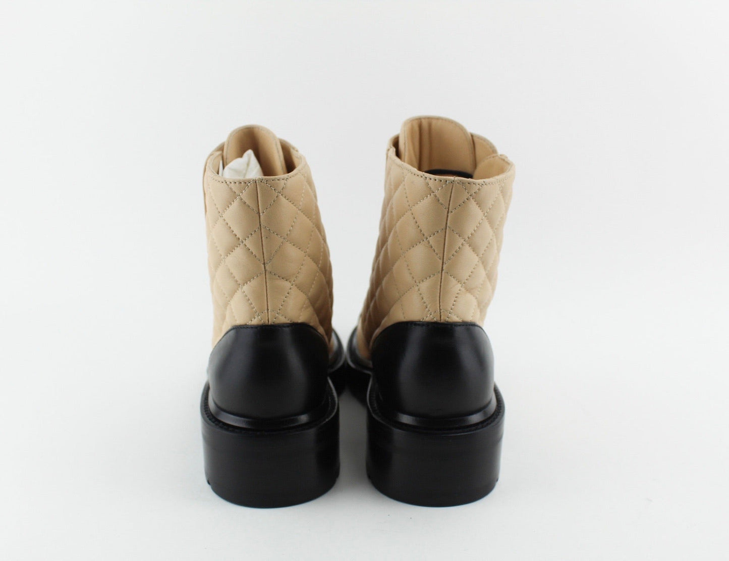 Chanel Women Lace Up Boots Beige and Black