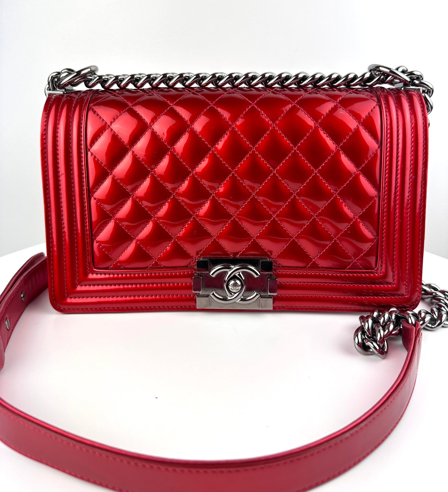 Chanel Patent Medium Boy Bag in Red
