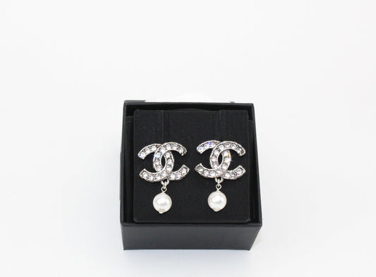 Chanel CC Silver and Pearl Earrings