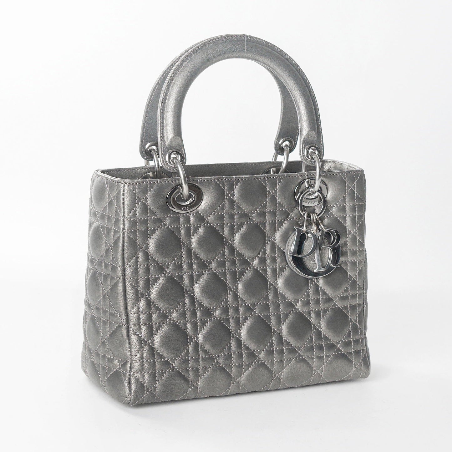 Lady Dior Medium Calfskin Leather Gunmetal Silver Grey