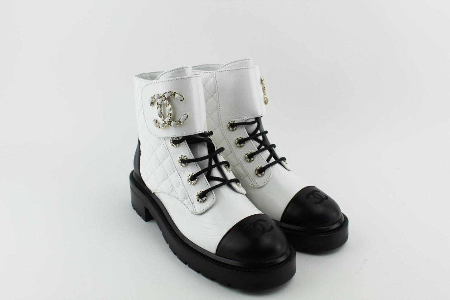 Chanel Women Lace Up Boots White and Black