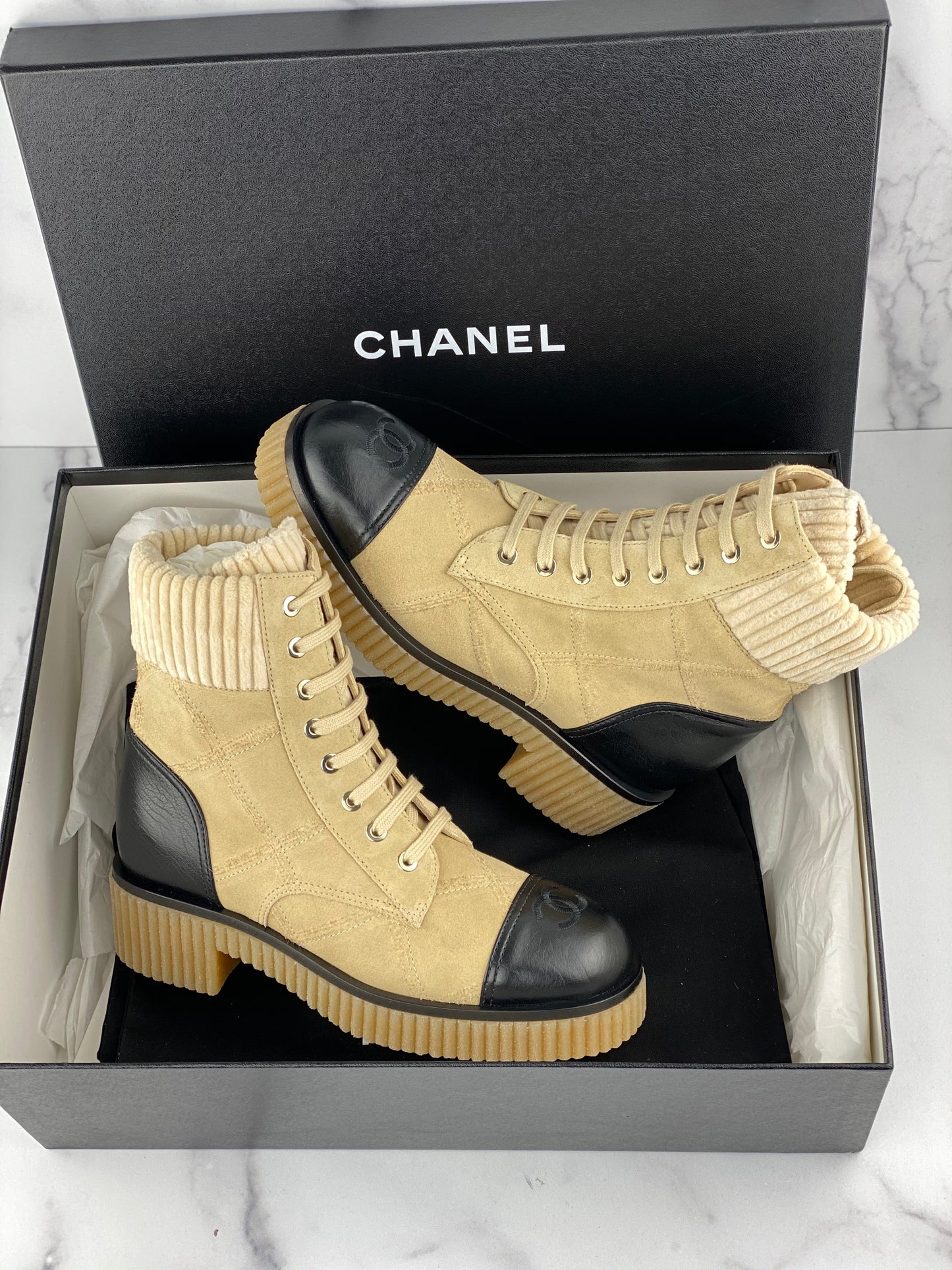 Chanel Lace up suede calfskin boots
