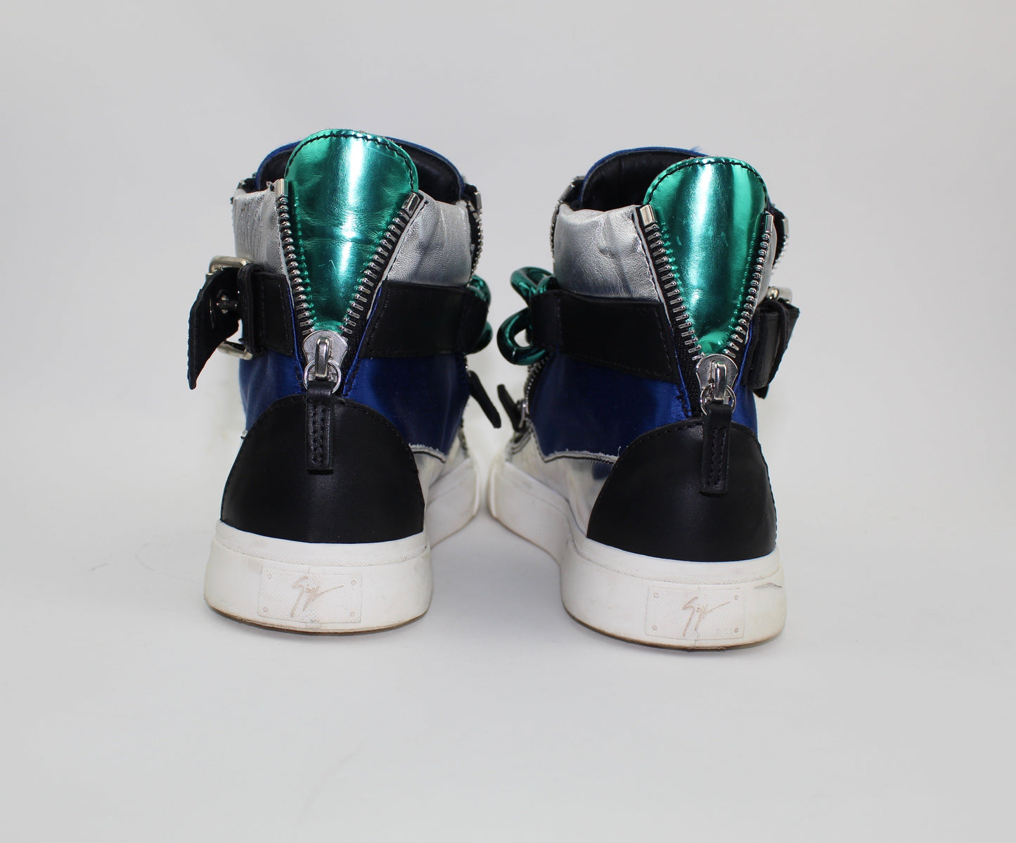 GIUSEPPE ZANOTTI MEN’S SATIN & METALLIC CHAIN HIGH-TOP SNEAKER IN BLUE AND SILVER