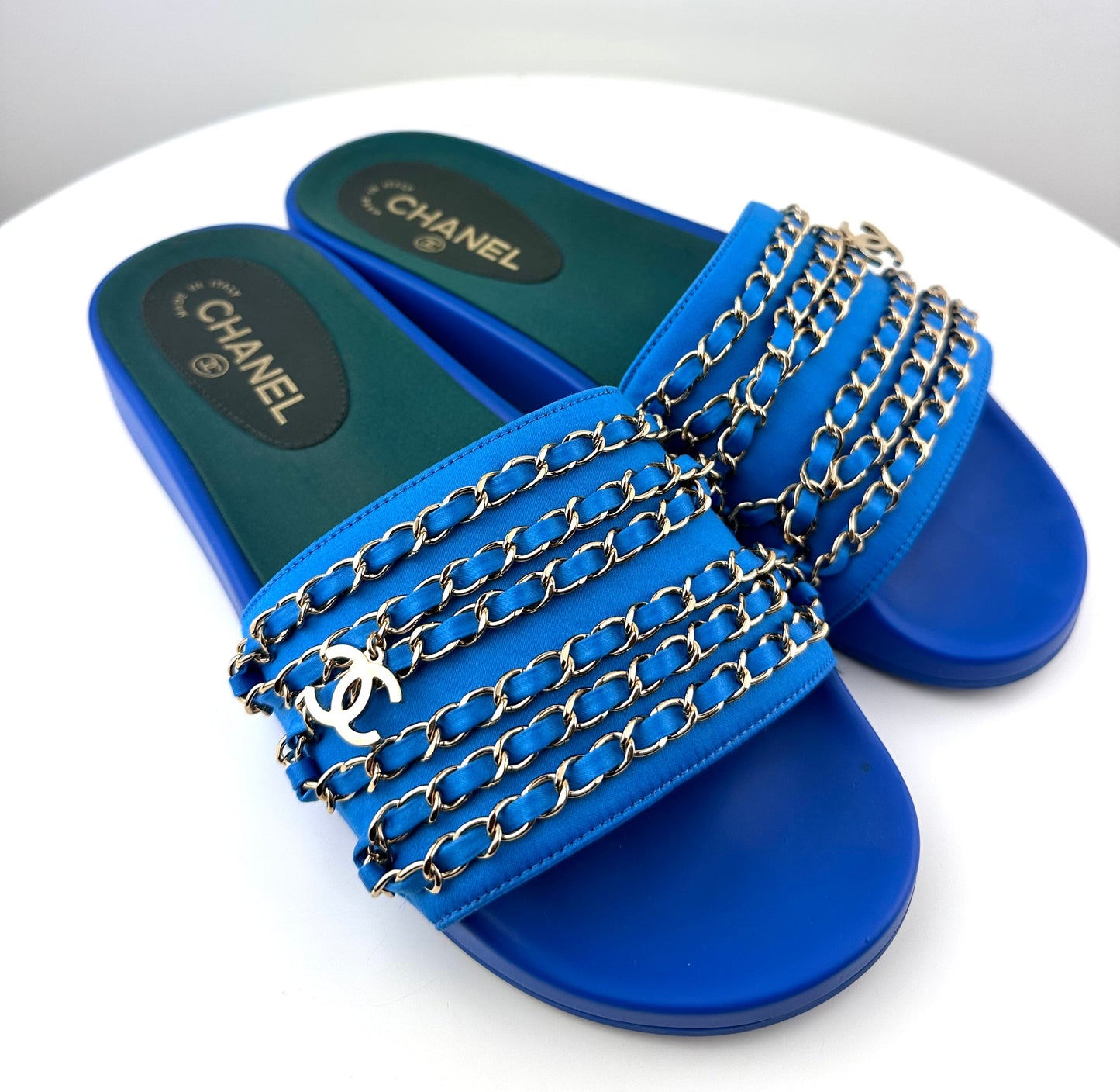 Chanel Satin Chain Slides