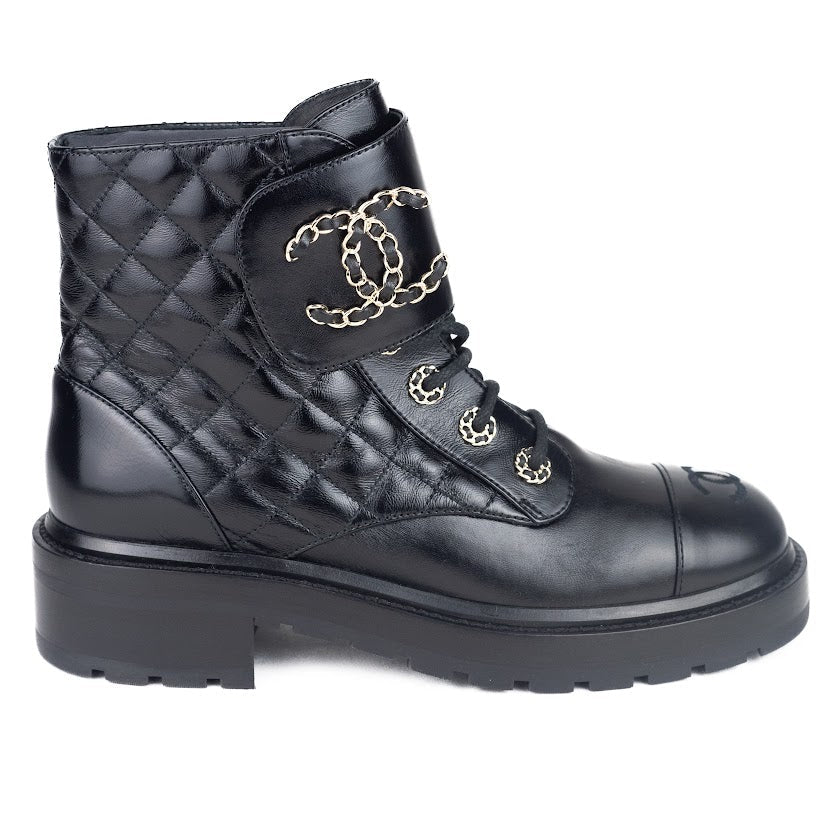 Chanel Women Lace Up Black Boots