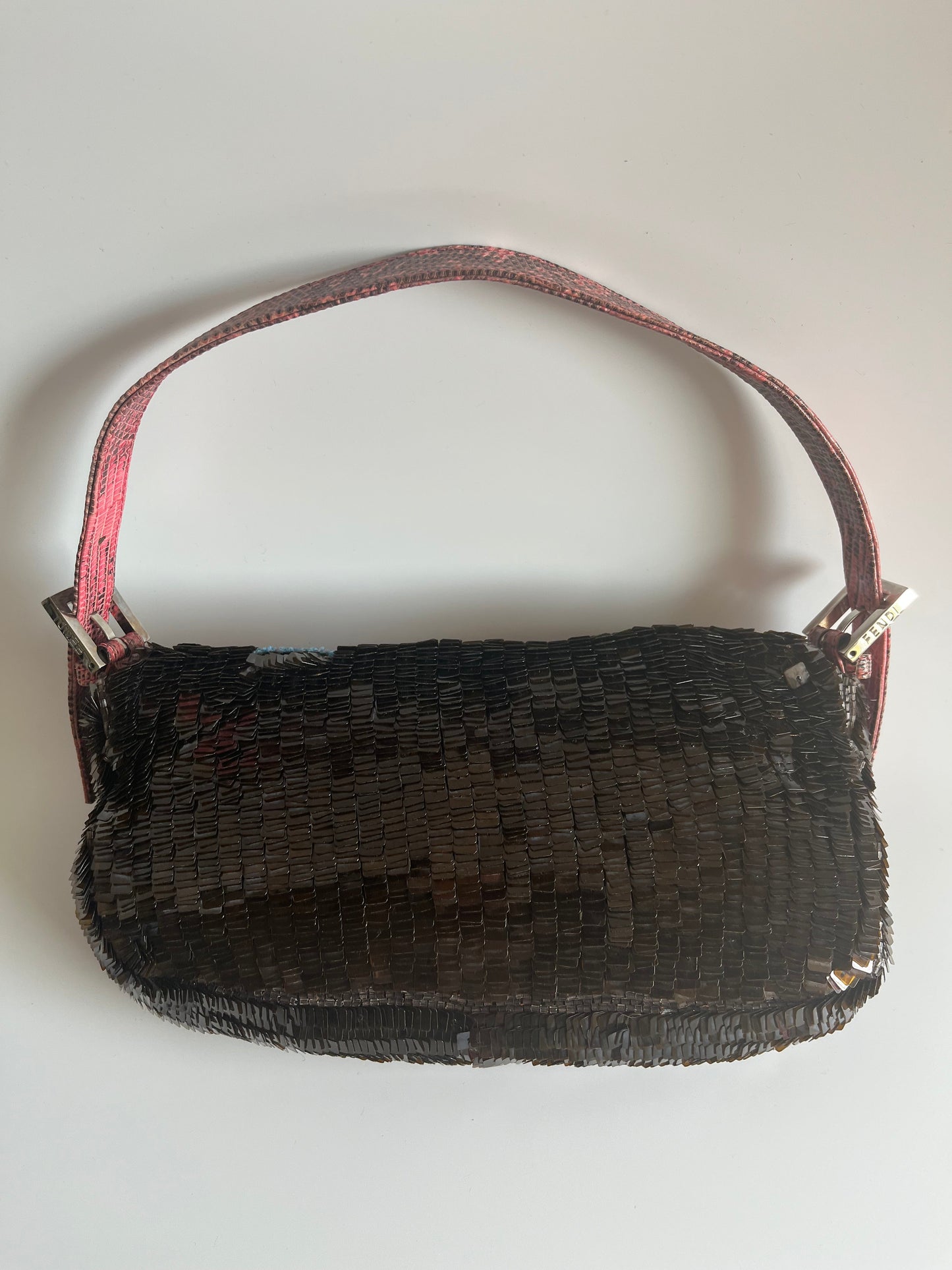 Fendi Baguette Brown Sequins with blue beads & pink lizard skin strap