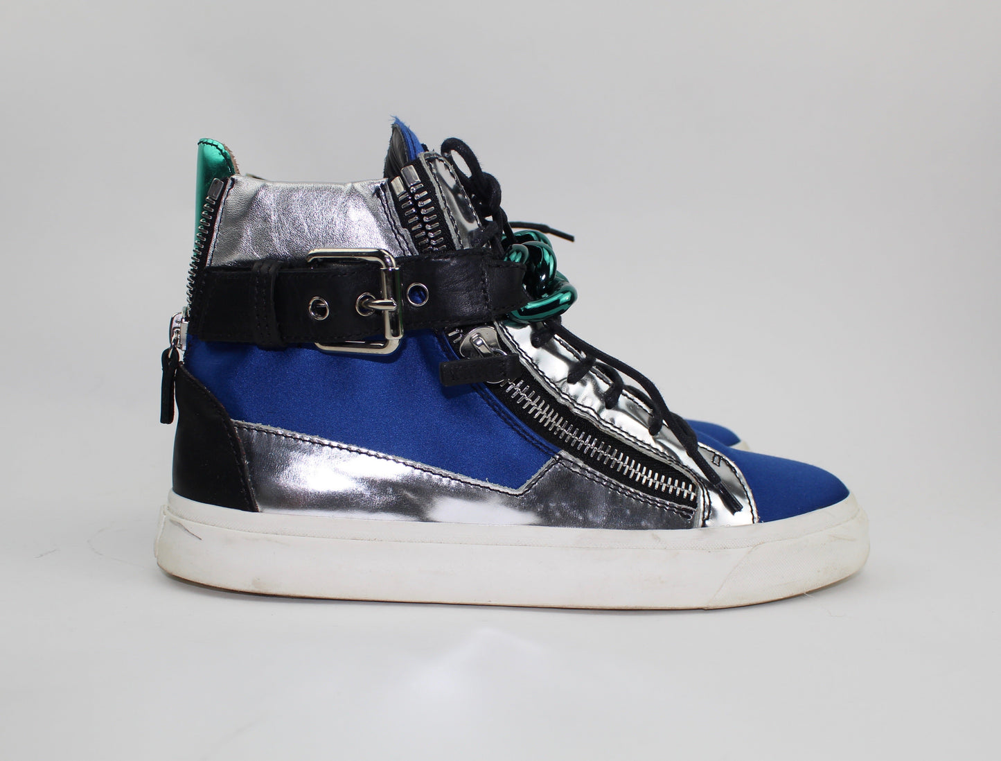 GIUSEPPE ZANOTTI MEN’S SATIN & METALLIC CHAIN HIGH-TOP SNEAKER IN BLUE AND SILVER