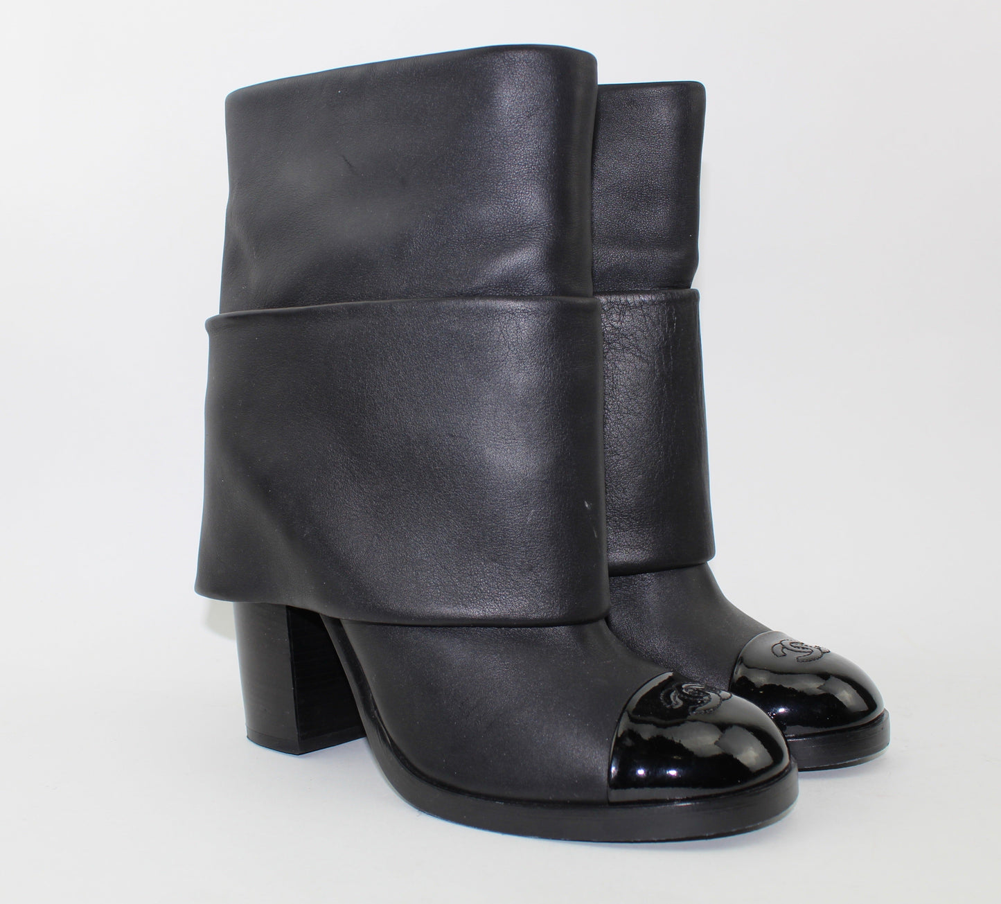CHANEL CALF LEATHER PATENT CAP TOE  FOLD OVER BOOTS