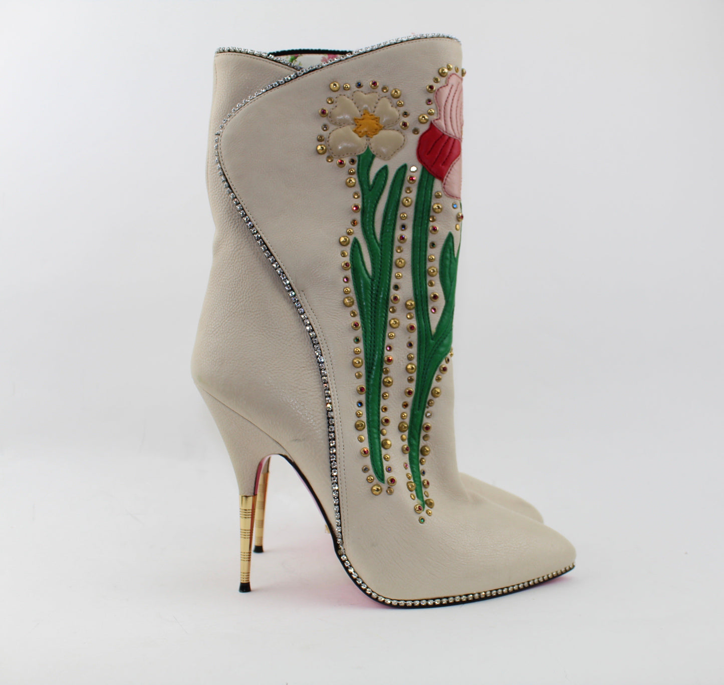 GUCCI FOSCA FLORAL-EMBROIDERED LEATHER BOOT SIZE 39