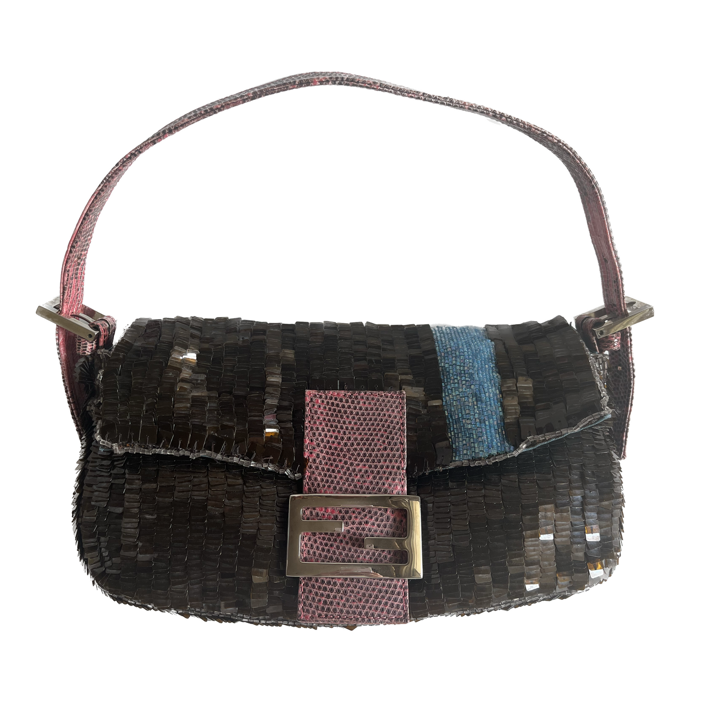 Fendi Baguette Brown Sequins with blue beads & pink lizard skin strap