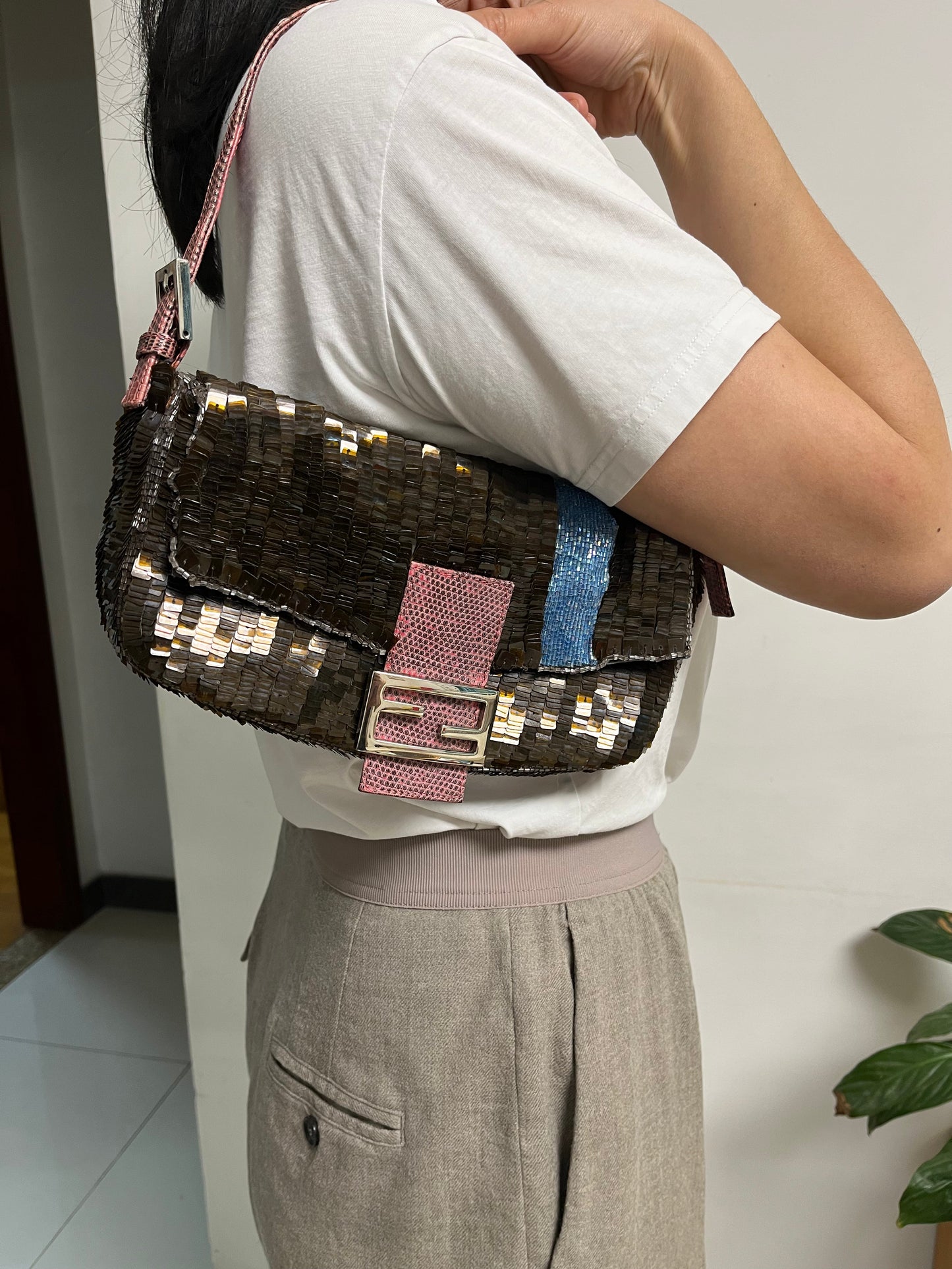 Fendi Baguette Brown Sequins with blue beads & pink lizard skin strap