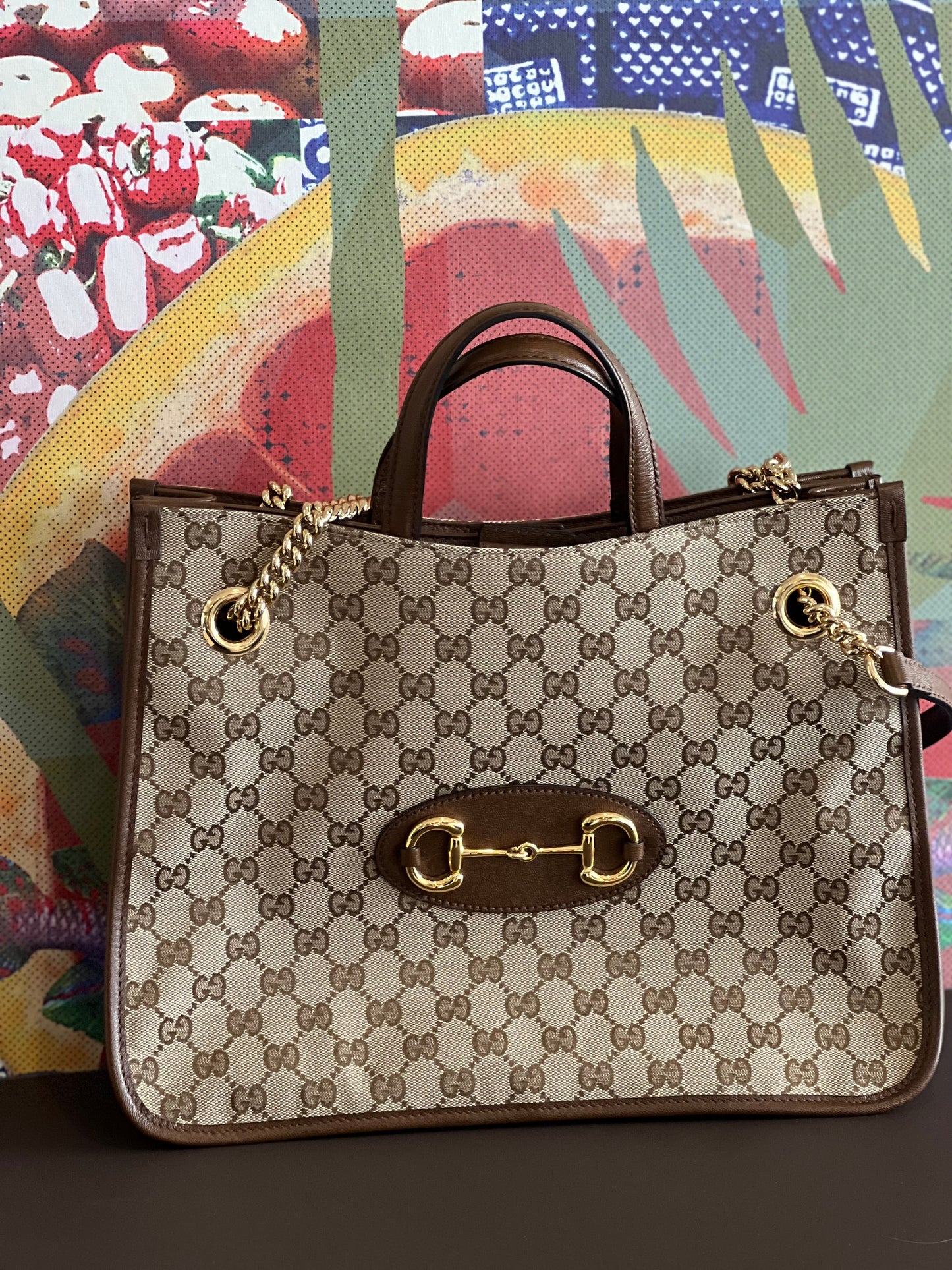 Gucci 1956 horsebit chain tote in monogram canvas and brown leather