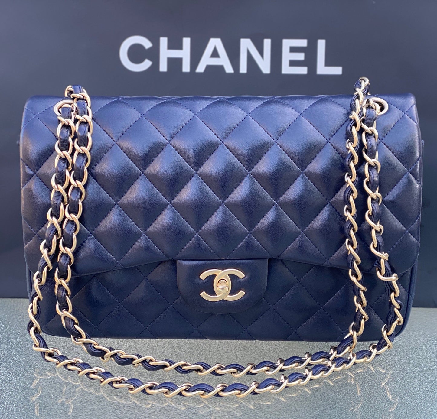 CHANEL LAMBSKIN QUILTED JUMBO DOUBLE FLAP BAG