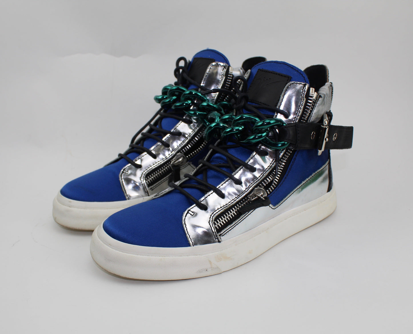 GIUSEPPE ZANOTTI MEN’S SATIN & METALLIC CHAIN HIGH-TOP SNEAKER IN BLUE AND SILVER