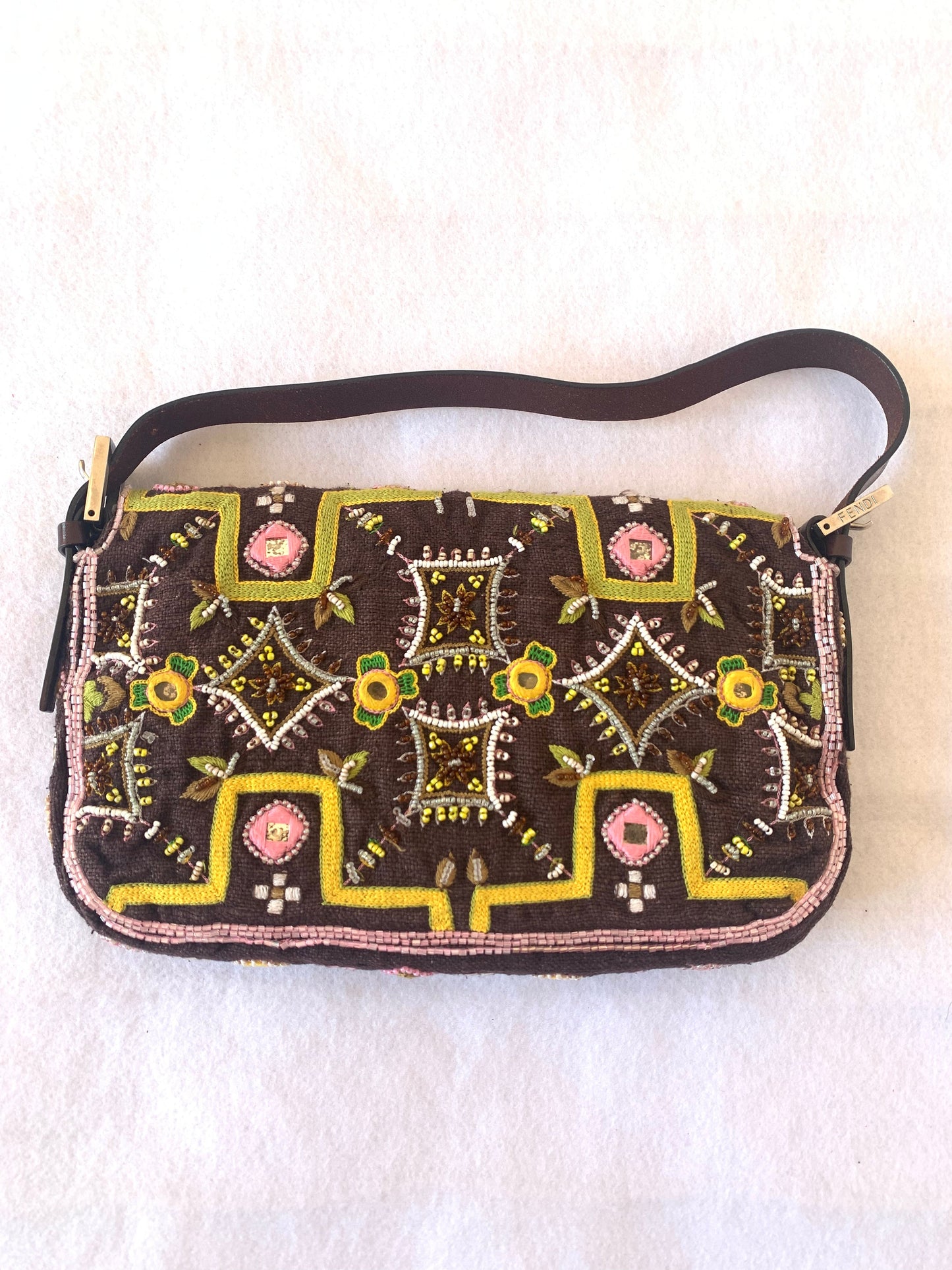 Fendi Baguette Vintage Brown Canvas/cotton with embroidery sequins mirrors and tassels