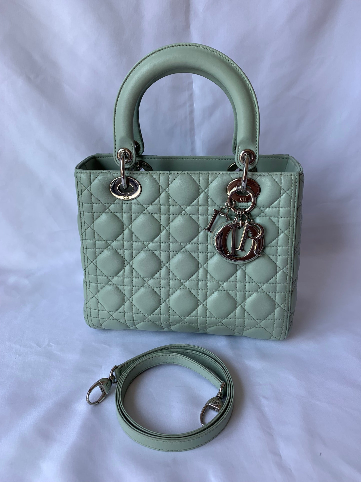 Lady Dior Medium Mint Cannage Lambskin Leather with silver hardware and strap