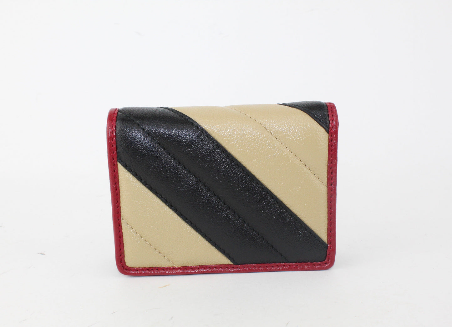 Gucci Calfskin Striped Matelasse GG Marmont Card Case Black Beige