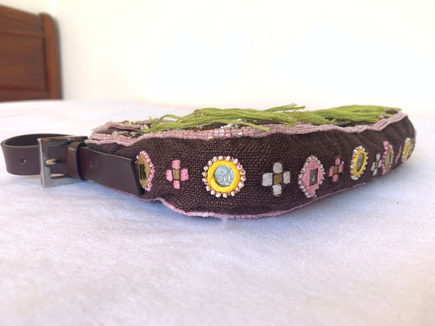 Fendi Baguette Vintage Brown Canvas/cotton with embroidery sequins mirrors and tassels