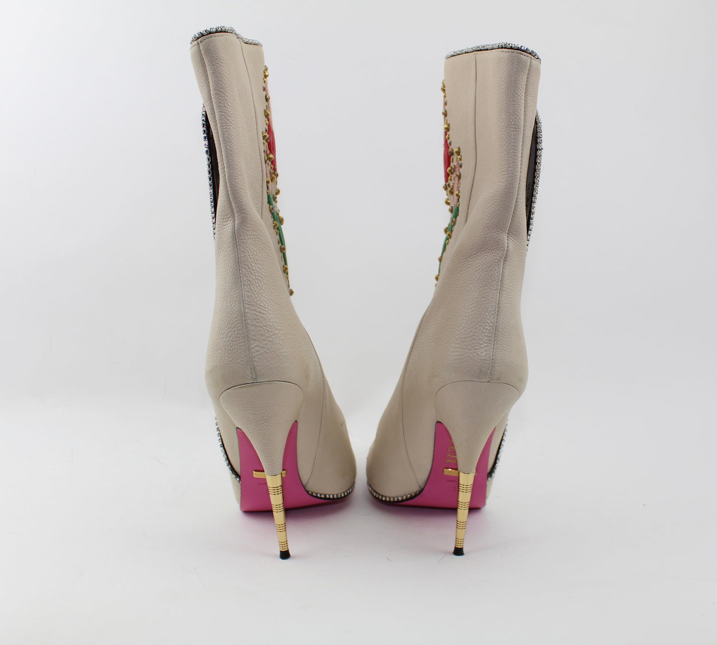 GUCCI FOSCA FLORAL-EMBROIDERED LEATHER BOOT SIZE 39