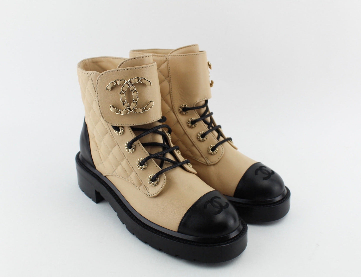 Chanel Women Lace Up Boots Beige and Black
