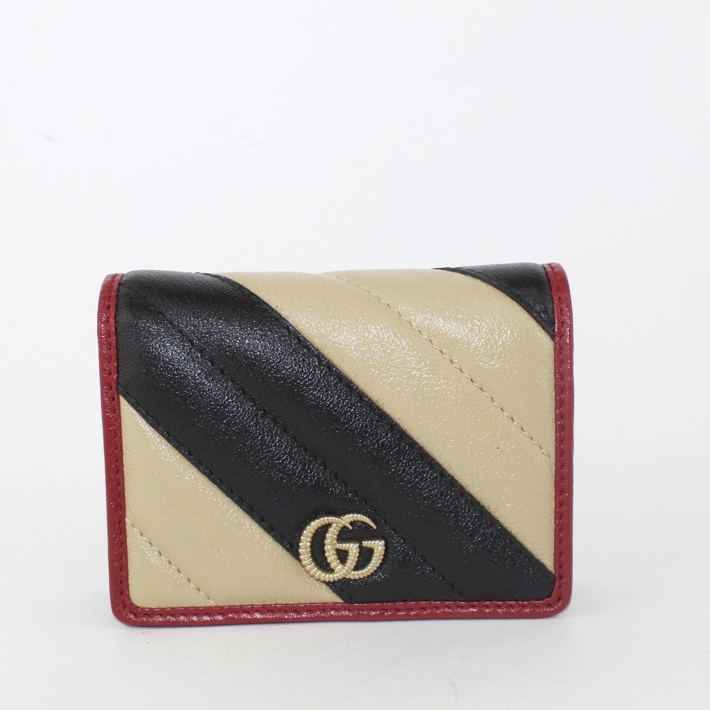 Gucci Calfskin Striped Matelasse GG Marmont Card Case Black Beige